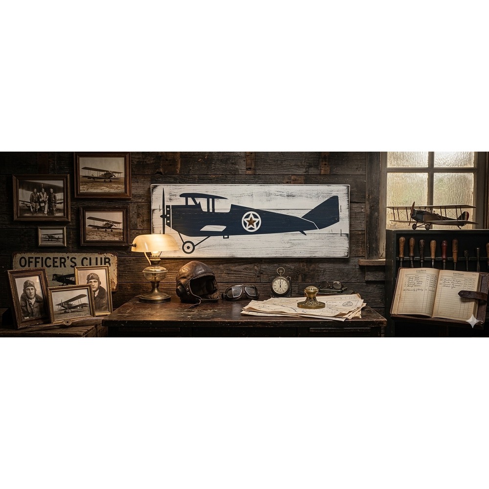 Woodstock Rustic Biplane Wood Wall Art Vintage Aviation Decor Navy White Star